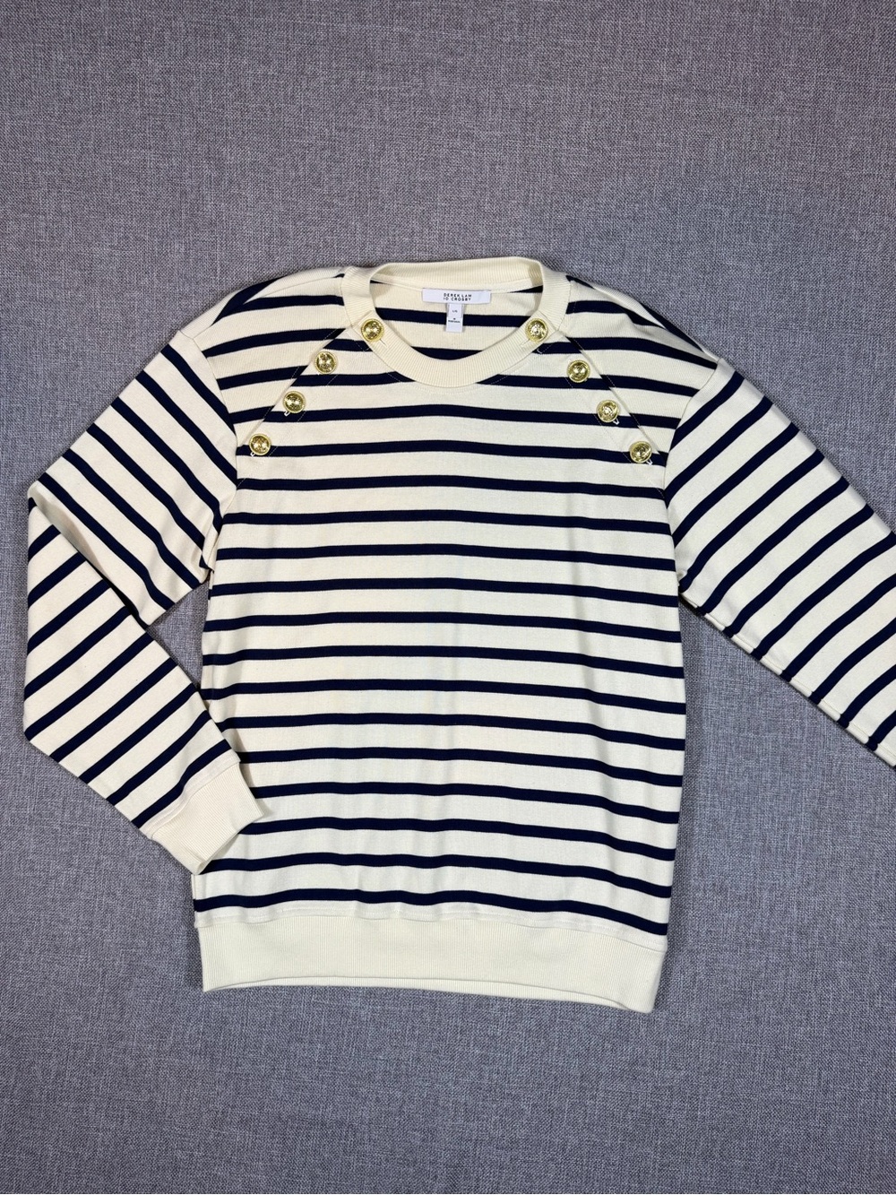 10 Crosby Derek Lam Cream and Navy Striped Crewneck Sweater with Gold Buttons